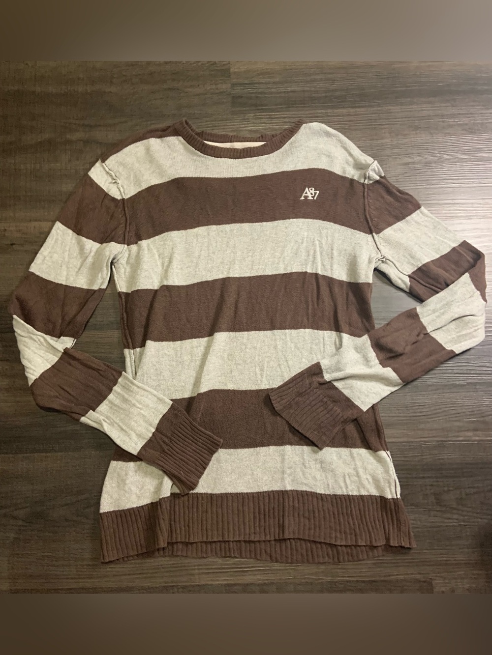 Aeropostale A87 Striped Crewneck Sweater in Brown and Cream